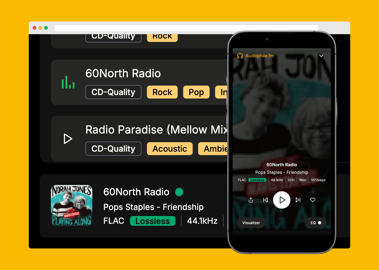 Audiophile.fm web and mobile screenshots