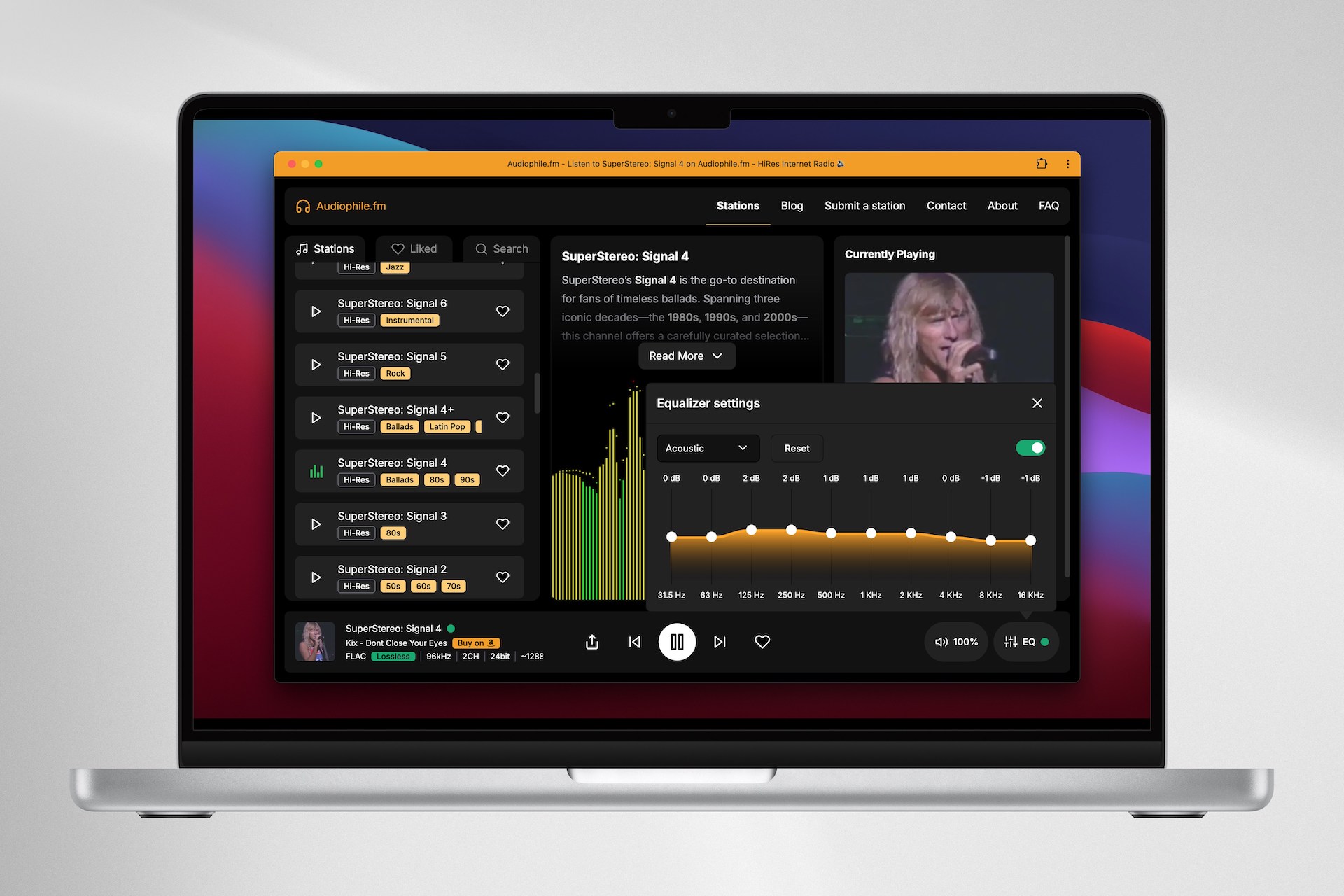 Desktop view showing player with equalizer settings